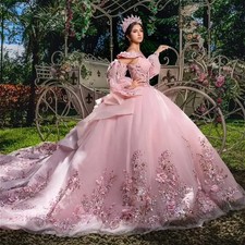 Pink Sweet 16 Quinceanera Dresses Sequin Applique 3D Flower Beads Tull Ball Gown
