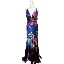 Beyond by Jovani Silk Floral Beaded Maxi Dress Purple Blue Open Back Gown Size 8