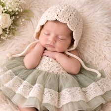 Hand Crocheted Baby Bonnet Cream Lace Trim Ties Newborn Photo Prop