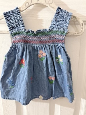 Mini Boden Denim Smocked Embroidered Floral Sleeveless Top Sz 4-5T