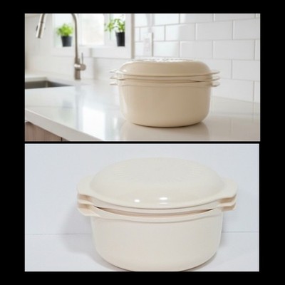 Vintage Tupperware 3pc Almond Microwave Stackable Cooker 1 3/4Qt and 3Qt Bowls