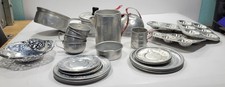 Vintage 28 pc Aluminum Play Dish Dishes Pots Pans Tea Set Huge Lot Vtg 40s Rare