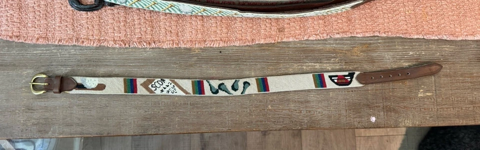 Needlepoint Embroidered Golf Theme Belt with Leather Trim and Brass Buckle - Image 2 of 4