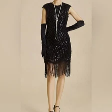 Babeyond black silver Sequin beaded fringe Embellished Mini Dress flapper S