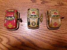 VINTAGE TIN WIND UP Ambulance, Police and Fire Chief Toy Cars JAPAN