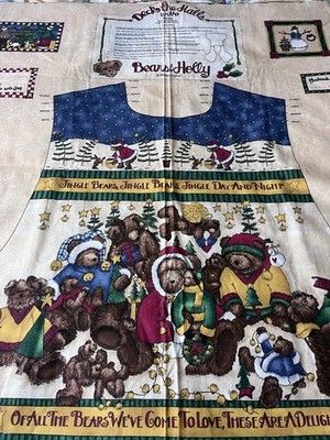 Teresa Kogut Fabric Panel Adult VEST Deck The Halls With Bears & Holly  NEW