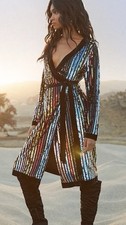 Lulus Sequin Wrap Knee Length Dress Multicolor Black velvet V-Neck Belted M