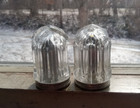 J.W.MEAKER DETROIT PAIR OF UNIQUE GLASS SALT & PEPPER SHAKERS WITH ORIGINAL TOPS