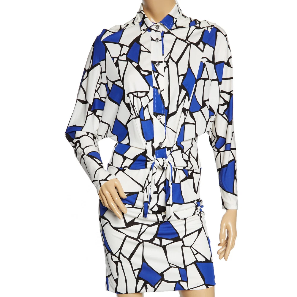 Robe drapée en maillot imprimé blanc et bleu Gucci cravate avant détail XS