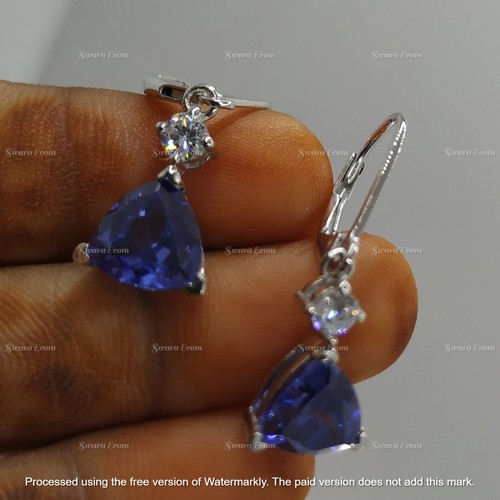 14K White Gold Plated Simulated Tanzanite & CZ Drop/Dangle Leverback Earrings - Picture 5 of 10