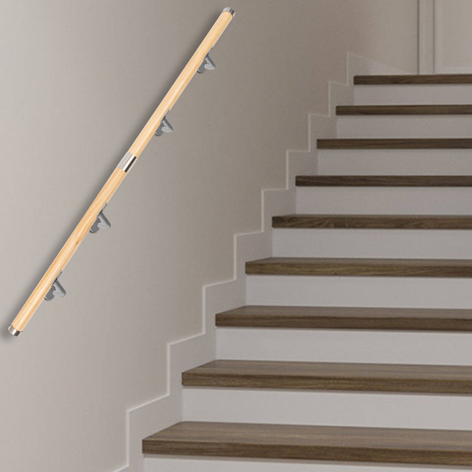 Sturdy Wall-Mounted Wood Stair Handrail with PVC Railing & 4 Brackets