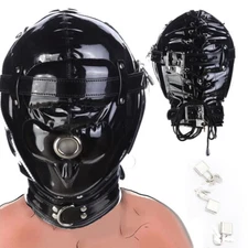 Bondage PU Leather Headgear Head Hood Harness with Plug Open Mouth Gag BDSM Game