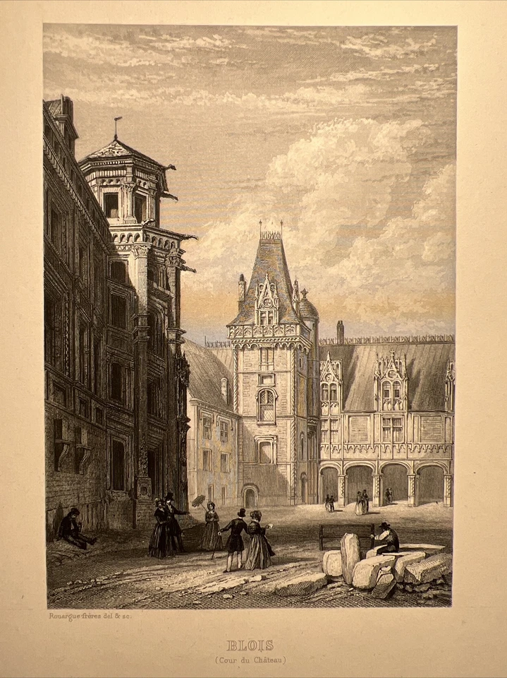 Blois Cour du Château France 1851 Antike Loire Stahlstich Illustration Schloss - Bild 1 von 4