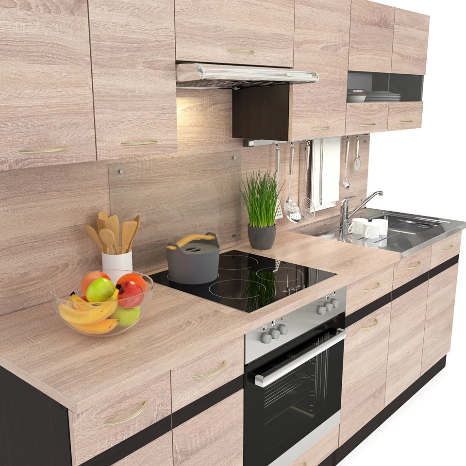 Einbauküche mit Elektrogeräten Herd Spülbecken Küchenzeile Küche AB LAGER Eiche