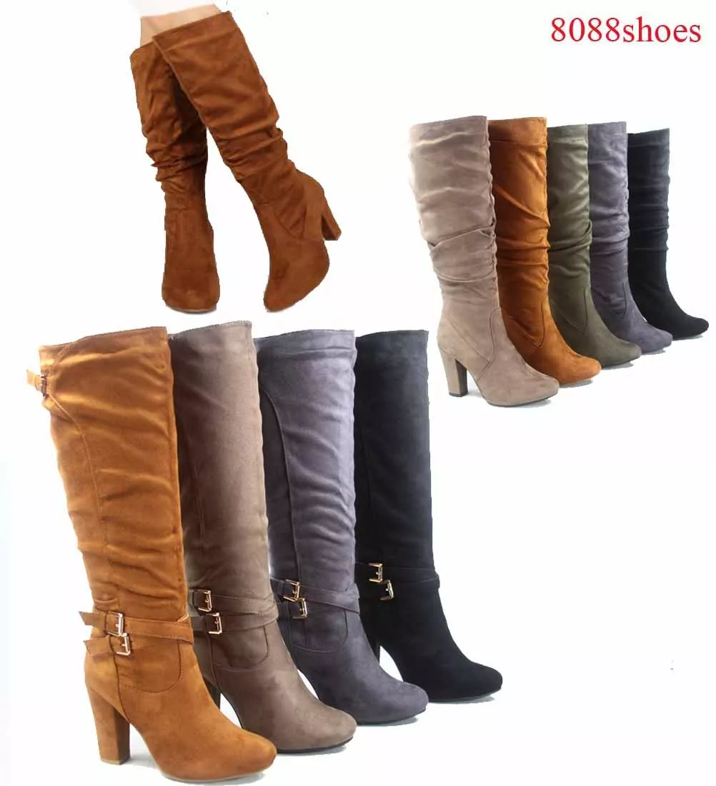 Women s Fashion Zipper Chunky Heel Mid Calf Knee High Boots Size