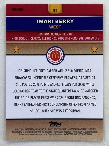 Imari Berry 2024 Topps Chrome McDonald's All American Refractor #63 Sports Card - Picture 2 of 2