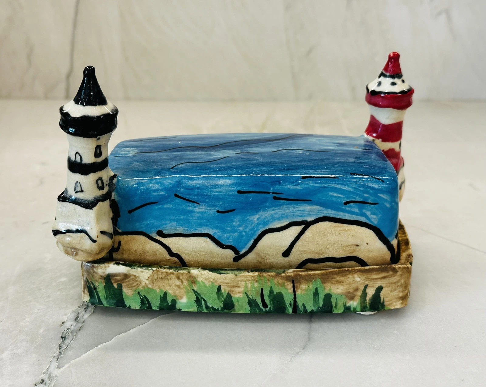 Large Vintage Artisan Made Lighthouse Butter Dish Signed Ocean Shore Nautical