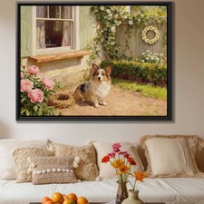 Corgi Dog Oil Painting Canvas Print Rustic Garden Decor Pet Artwork Framed Art