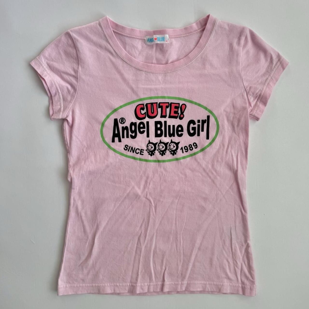 VTG Y2K Angel Blue Pink Baby Tee with A ‘Cute Angel Blue Girl’ Graphic Print S