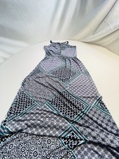 Maxi Dress Blue Patchwork Keyhole Sz 6 Tie Waist Mediterranean Coastal Mosaic