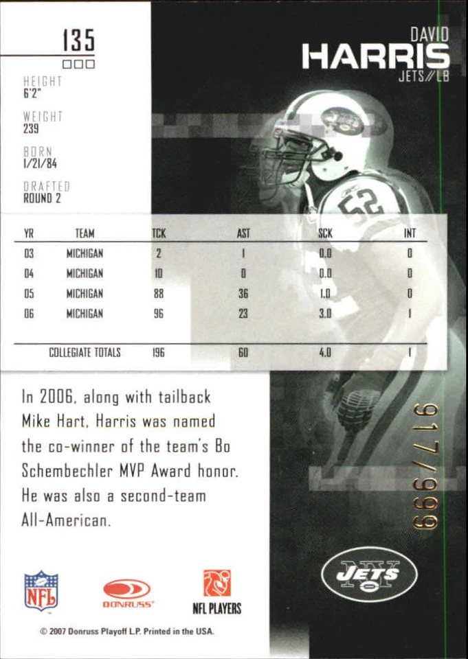 2007 Leaf Rookies and Stars Longevity #135 David Harris RC /999 - FB - Image 2 of 2