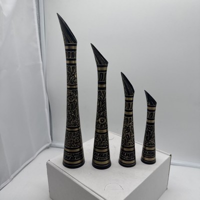 Ornate Brass With Black Engraved Floral Vase, Set of 4.