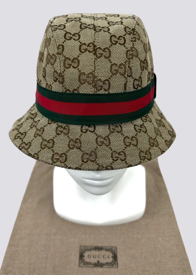 Gucci GG Monogram Logo Web Stripe Cotton Canvas Bucket Hat Cap Head Beige Size S - Image 4 of 4
