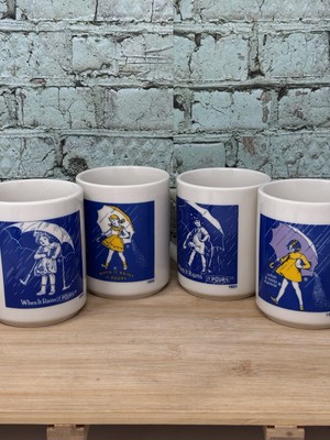 Morton Salt When It Rains It Pours Set of 4 Coffee Mugs Umbrella Girl Cup ADVERT