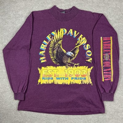 Vintage Harley Davidson T-Shirt Size Large Purple 90s Thunder Eagle Long Sleeve
