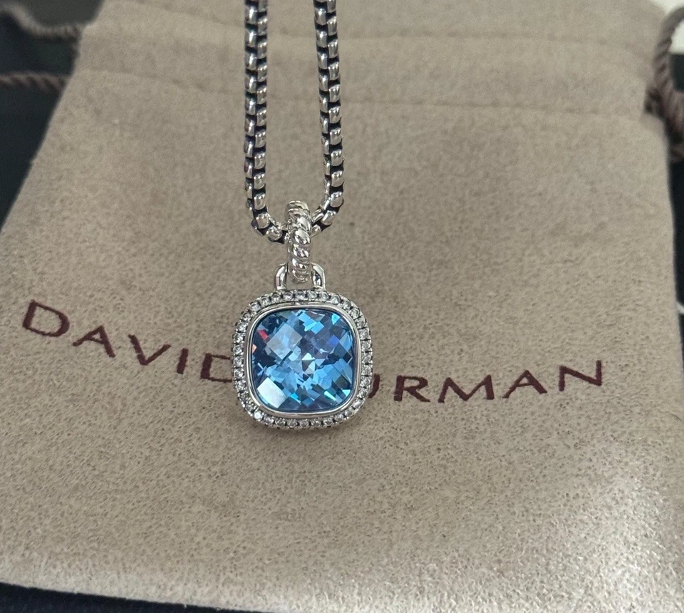 DAVID/YURMAN Sterling Silver 14mm Albion Pendant Blue Topaz & Diamonds 18 inc - Image 2 of 4