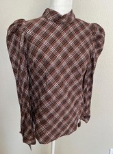 VERONICA BEARD 4 brown plaid Isabel puff sleeve button back cotton blouse