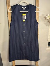 Steven Madden Navy Pinstripe Button Front Sleeveless Dress Medium NWT