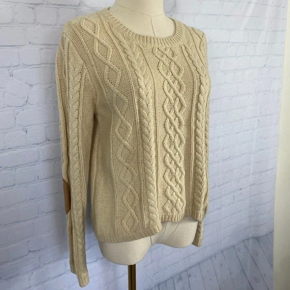 Suéter Monteau L Crema Tejido con Cable Marrón Gamuza Codo Parches Preppy Cottagecore Foto 2 de 4