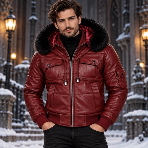 Men's Burgundy Leather Bomber Jacket Black Fur Hood Winter Puffer Coat - product listing photo