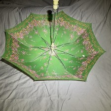 Vintage Green Floral Folding Umbrella Parasol Retro Compact Purse Size Childrens