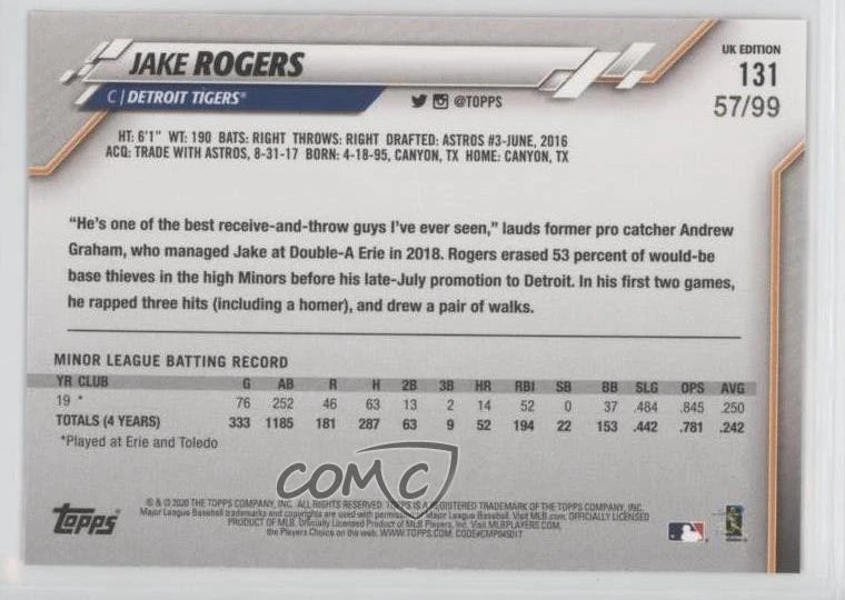 2020 Topps UK Edition Big Ben /99 Jake Rogers #131 Rookie RC - Image 2 of 2