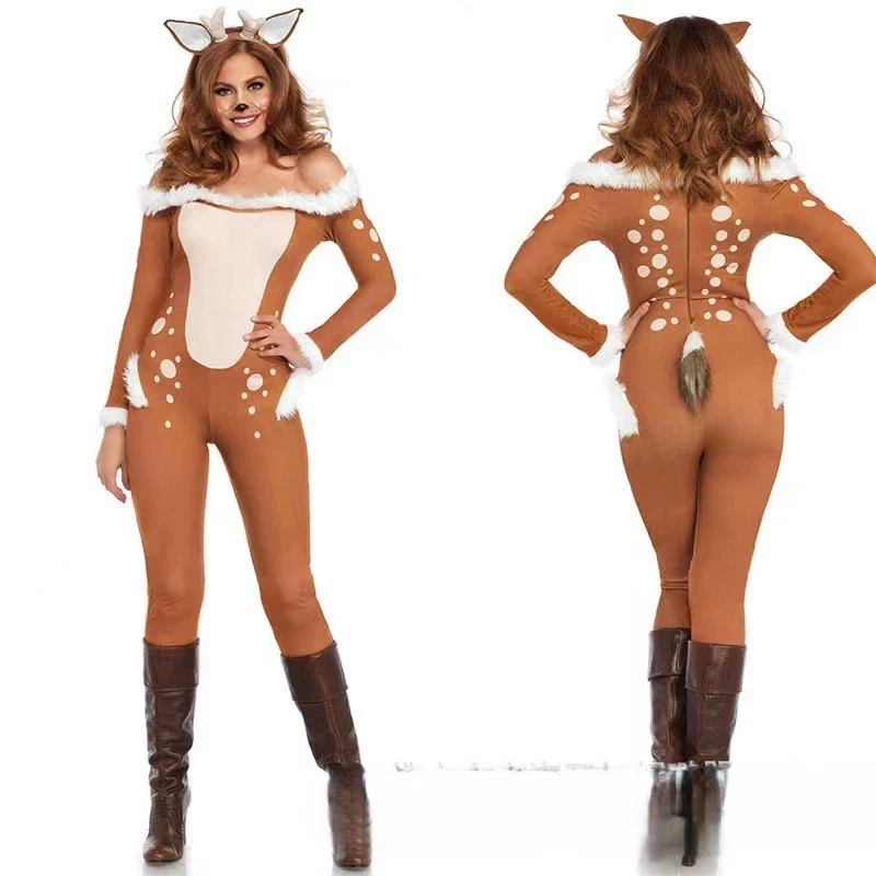 Mono Disfraz de Ciervo Para Mujer - Sexy Conjunto de Reno Marrón con Orejas y Cola para Foto 4 de 4