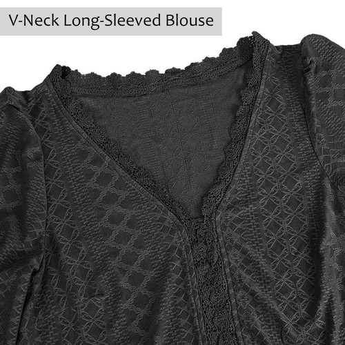 Ladies T-shirt Pullover Blouse Lace Tops Womens Casual Long Sleeve V-neck - Picture 3 of 16