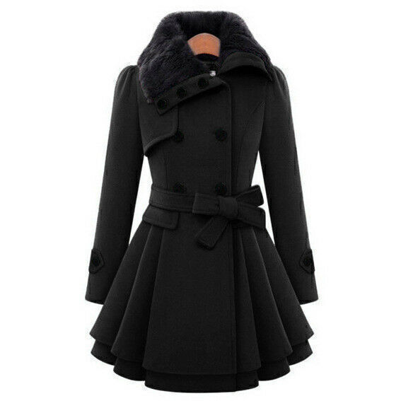 Women Double Breasted Winter Military Coat Faux Fur Collar Parka Jacket