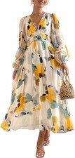 MAXIGERUI WOMENS LOMG SLEEVE BOHO DRESS FLORAL PRINT LONG DRESS LARGE YELLOW