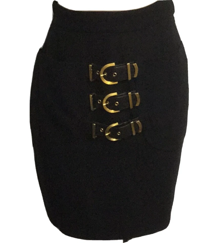 Falda bondage Gianni Versace 1992 mezcla de lana talla 42 se adapta a EE. UU. 4-6 negra excelente