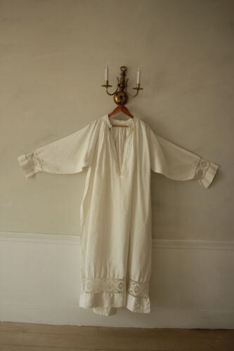 Antique French white linen night gown with lace cuffs large nightdress 1800's - Picture 1 of 12