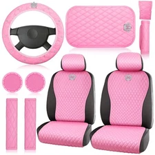 Pink Car Accessories Set Car Seat Covers Full Set Steering Wheel Cover Headrest