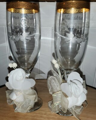 Nuestra Boda Our Wedding Crystal Champagne Toasting Flutes Cut Pasabahce Glass 