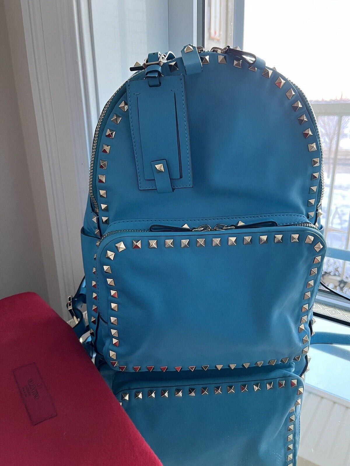 authentic VALENTINO MEDIUM ROCKSTUD BACKPACK sky blue excellent condition w/dust