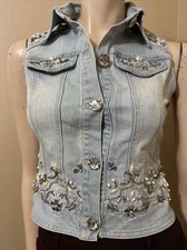 Women’s Light Blue Denim Cotton Casual Stretch Slim Beaded Vintage Size M Vest
