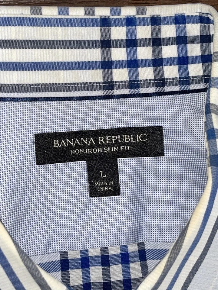 Banana Republic Shirt Mens Large Blue White Plaid Non-Iron Slim Fit Button Down - Image 2 of 4