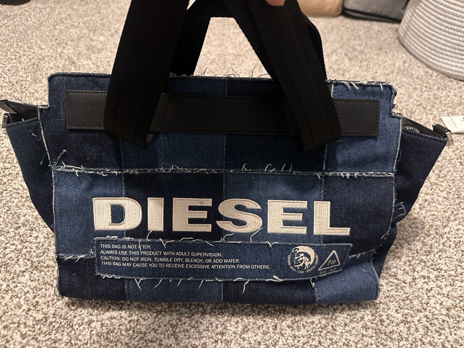 Diesel Blue Patchwork Denim Tote Bag Top Handle Logo Silver Hardware Dust Bag