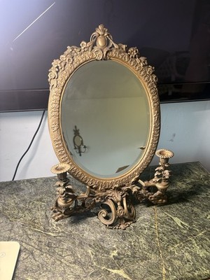 Vintage Brass Vanity Mirror Candelabra Floral Victorian Hollywood Regency