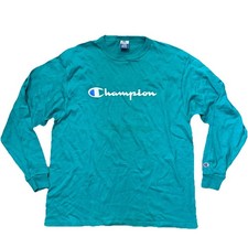 Vtg Champion Logo Cotton T Shirt XL Teal Green USA Made 80s 90s SpellOut